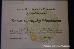 Attestato corso di auricoloterapia dott.ssa Magdalena Skorupska